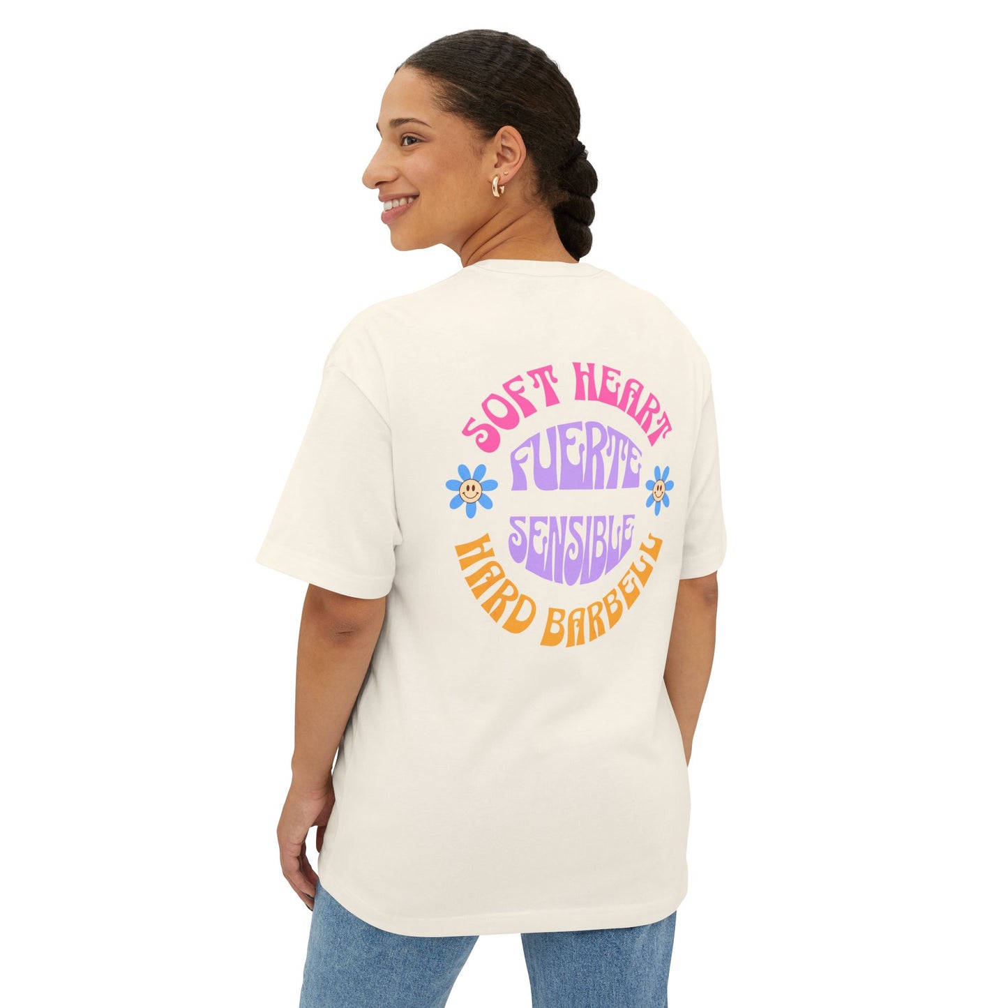 Soft Heart, Hard Barbell, Oversized Tee, Unisex Boxy T-Shirt
